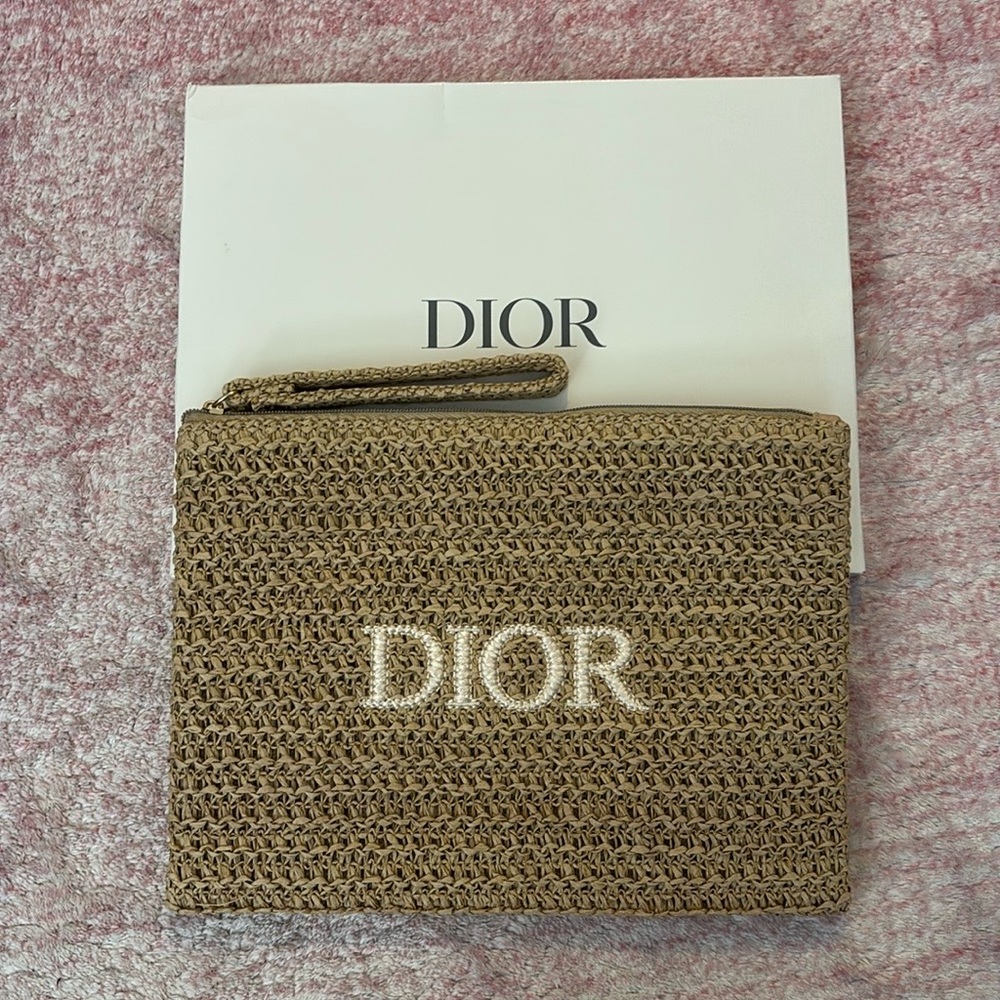 New in box Dior Tan Raffia Clutch with Wristlet